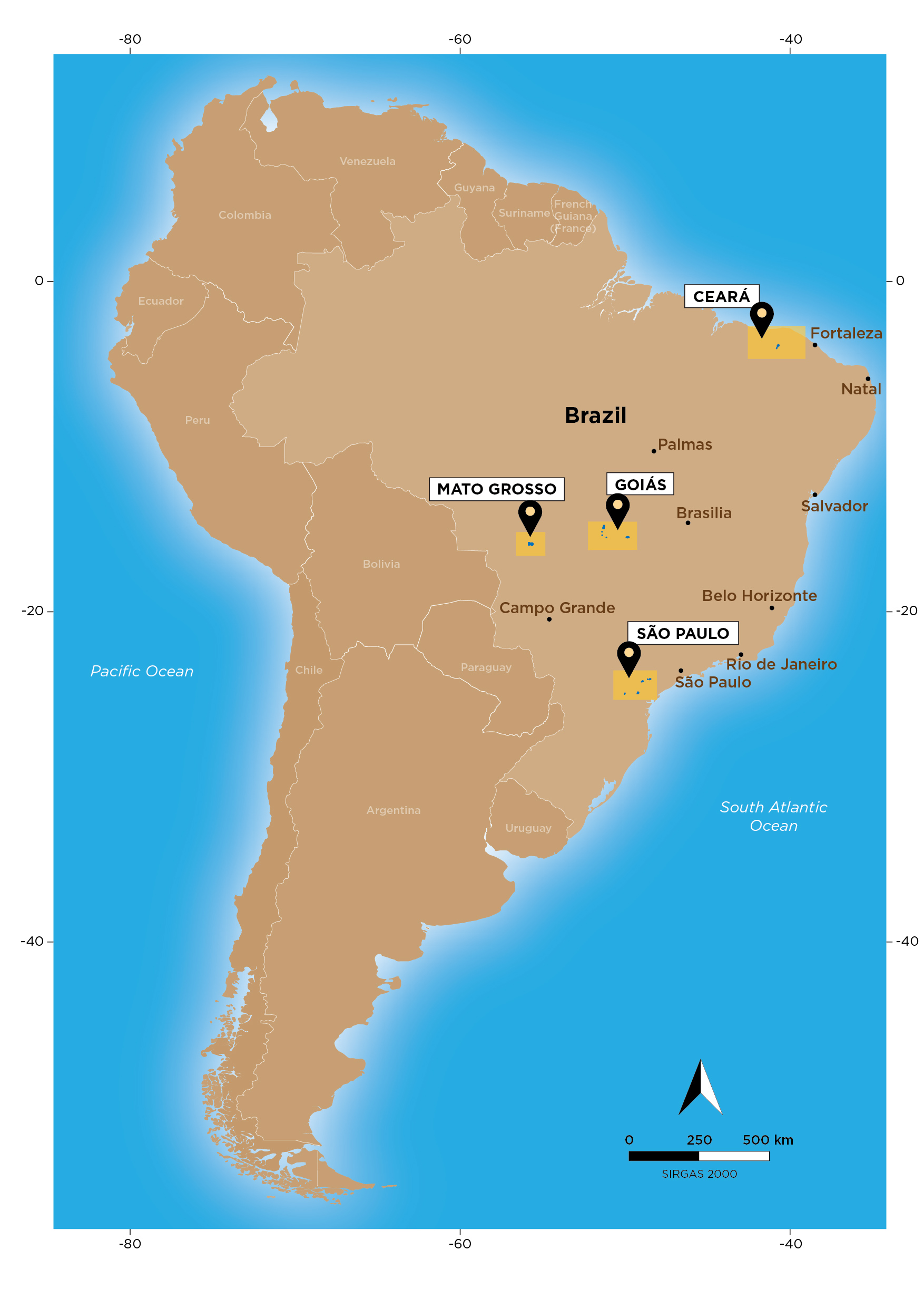 Map of Brazil showing REE exploration sites